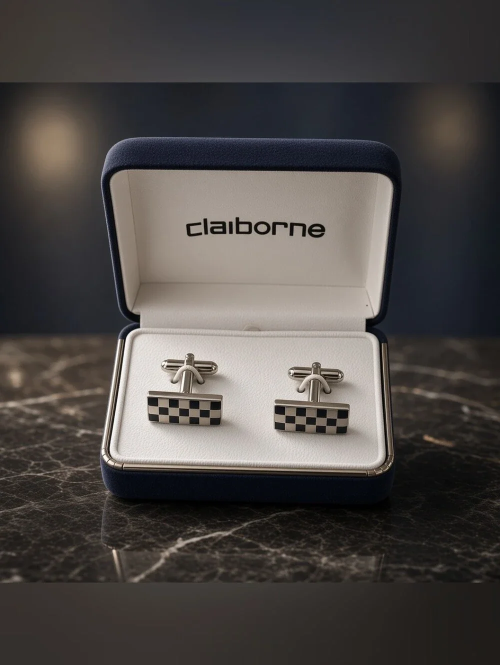 Vintage Claiborne Silver Tone Black Ivory Checkerboard Rectangle Cufflinks